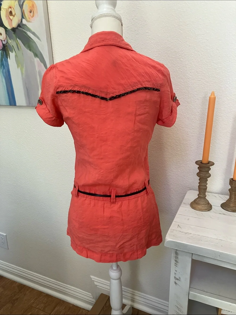 Y2k Women’s Coral Short-Sleeve Button Front Tunic with Black Trim